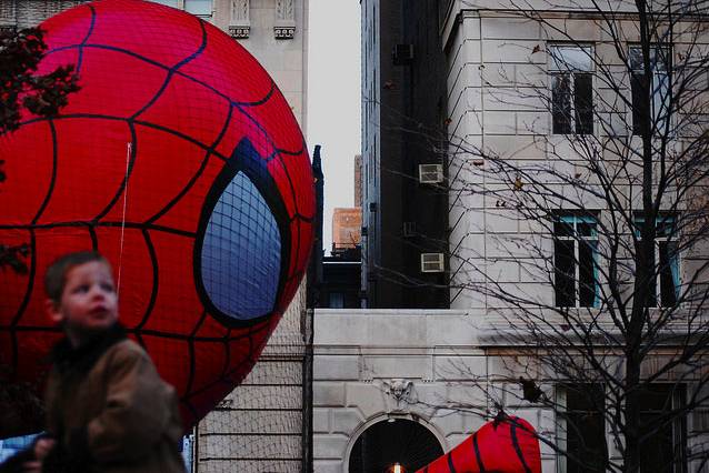 Spider-Man meets boy at this year's balloon inflation for the Macy's Thanksgiving Day Parade